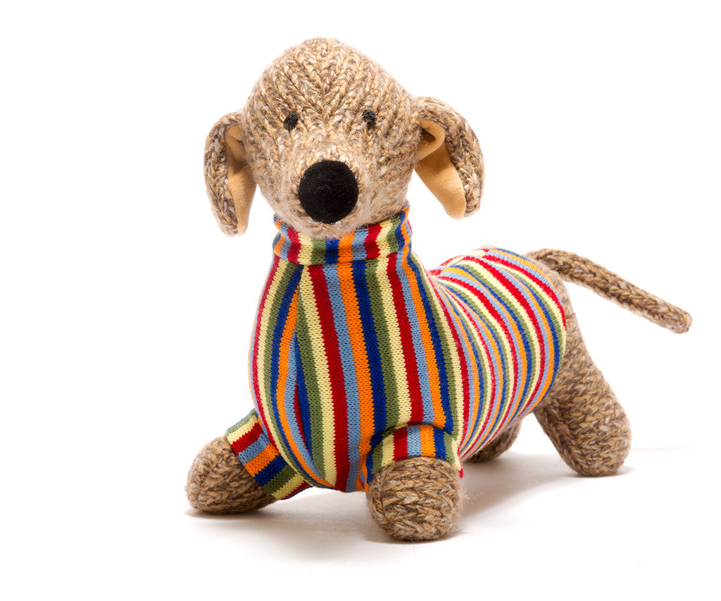 KNITTED SAUSAGE DOG WITH STRIPED JUMPER TOY