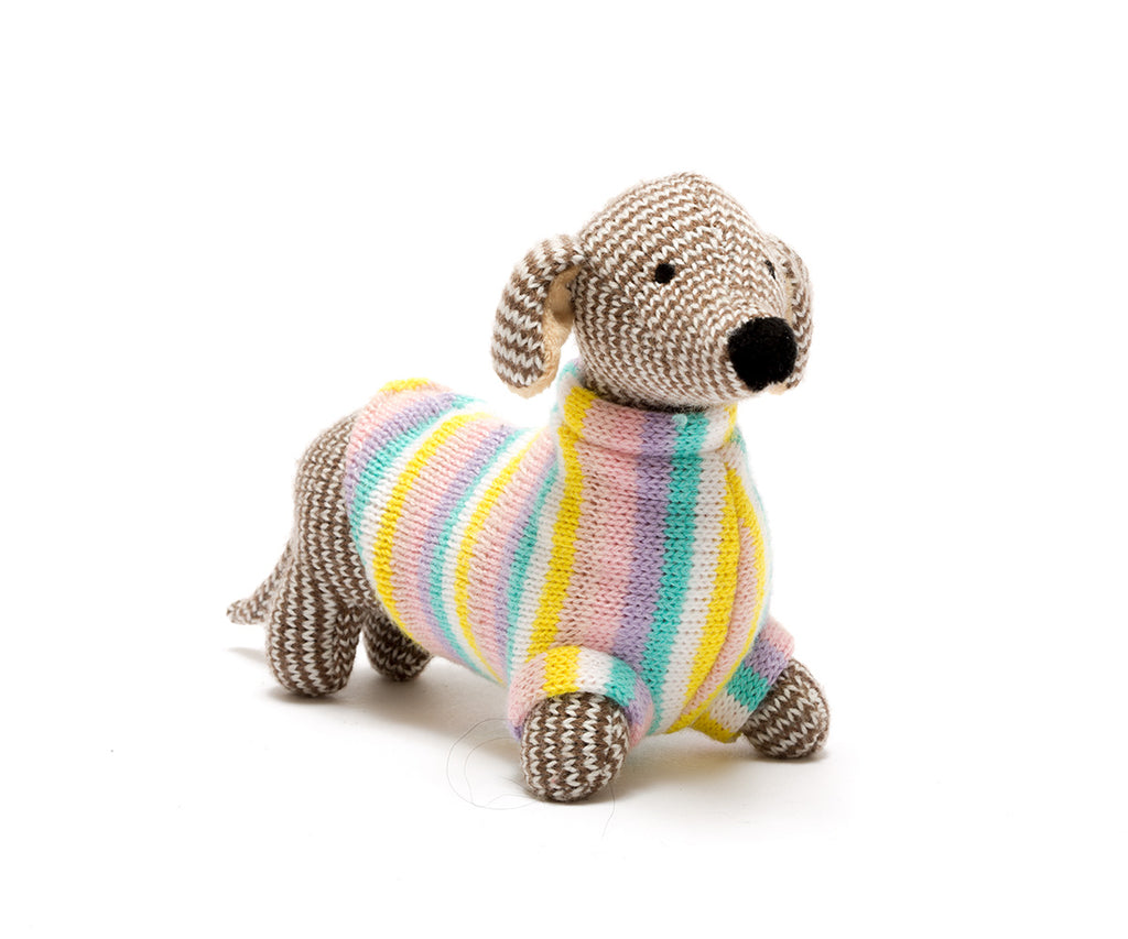 KNITTED SAUSAGE DOG WITH STRIPED JUMPER TOY