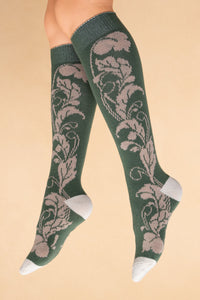 Opulent Floral Knee High Powder Socks - Sage