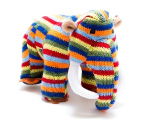 WOOLLY MAMMOTH  KNITTED DINOSAUR SOFT TOY RAINBOW STRIPES