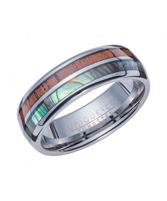 Tungsten 7mm Ring with Abalone Shell & Blue Opal Replica Inlay