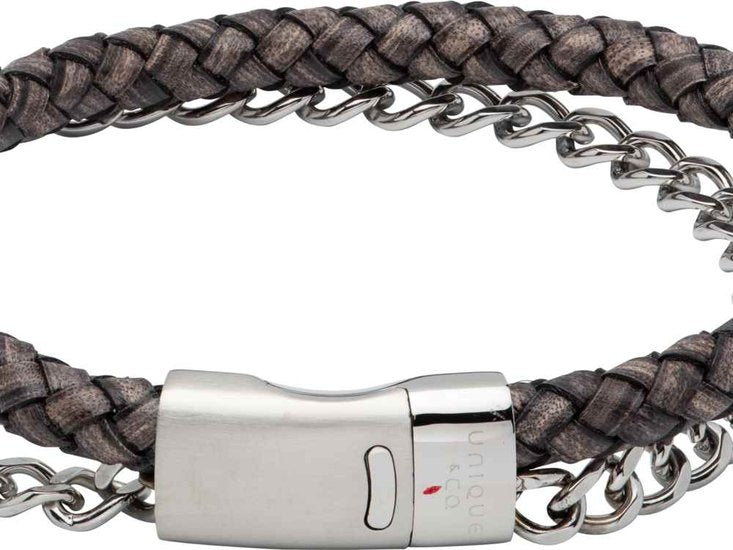 Antique Black Leather Bracelet with Steel Chain & Magnetic Clasp