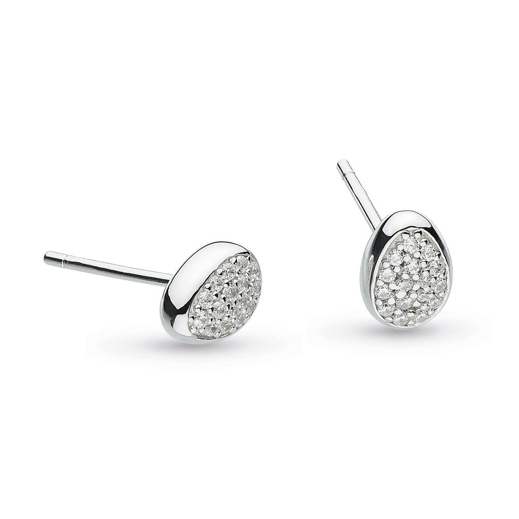 Kit Heath Coast Pebble Glisten Pavé Stud Earrings in polished sterling silver — teardrop pebble shape set with micropavé cubic zirconia stones, butterfly stud fitting