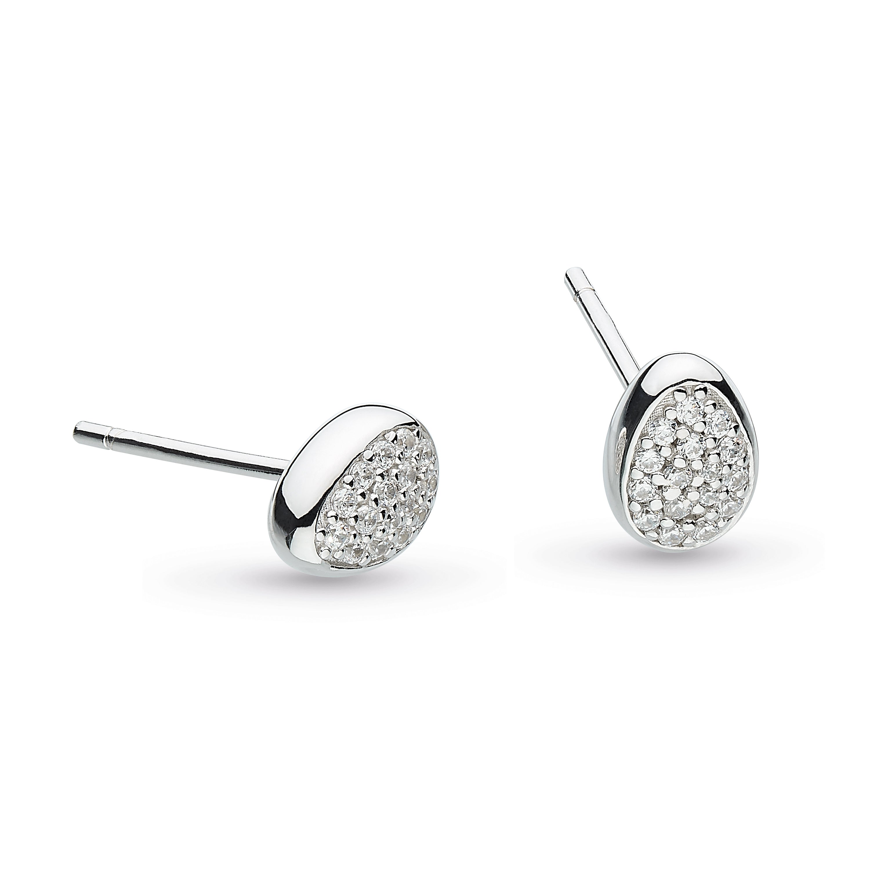 Kit Heath Coast Pebble Glisten Pavé Stud Earrings in polished sterling silver — teardrop pebble shape set with micropavé cubic zirconia stones, butterfly stud fitting