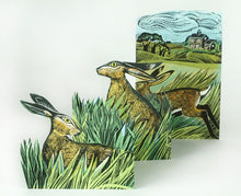 Load image into Gallery viewer, 3D folding card - Hares and Open Field

