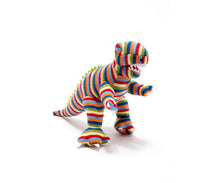 Load image into Gallery viewer, T REX KNITTED DINOSAUR SOFT TOY RAINBOW STRIPE
