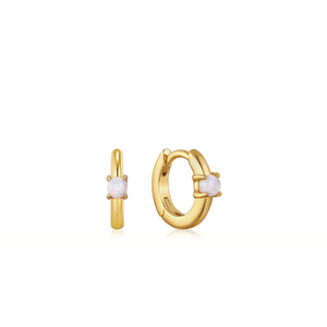 Opal Cabochon Huggie Hoop Earrings - Gold