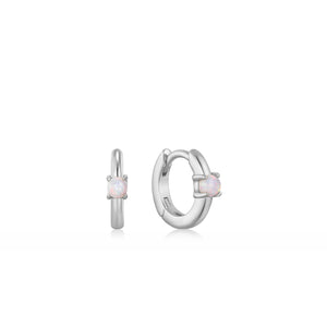 Silver Opal Cabochon Huggie Hoop Earrings