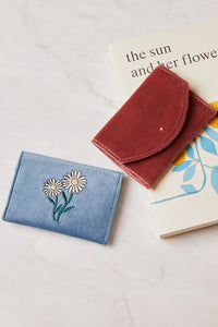 Embroidered Daisy Envelope Card Holder Blue Velvet