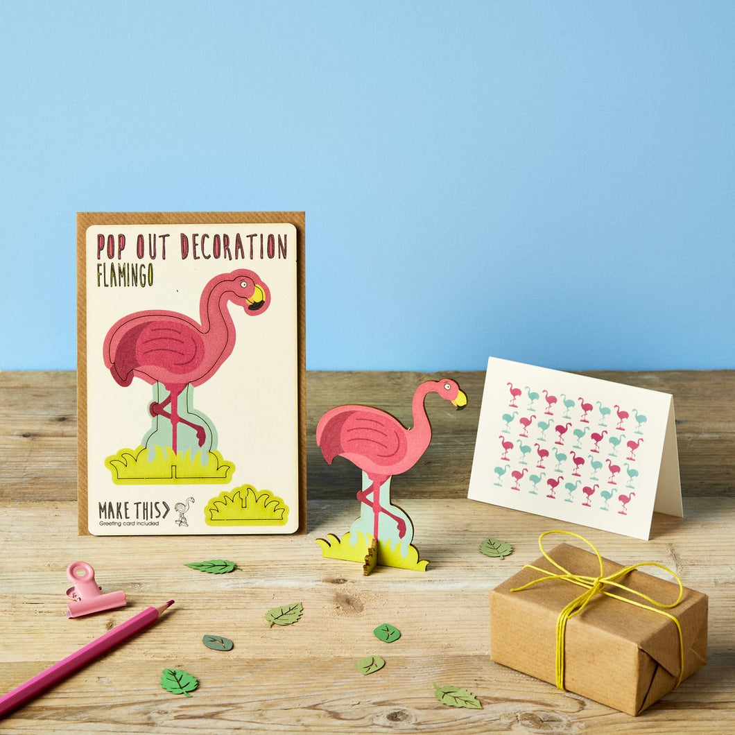POP out card with wood decoration-FLAMINGO