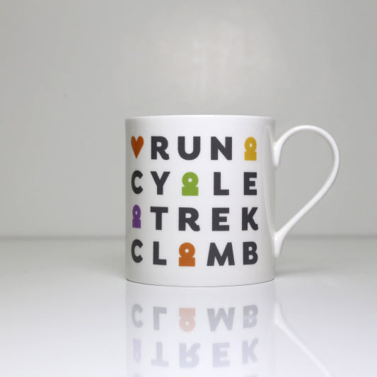 Peak District words mugs  – Run, Cycle, Track, Climb