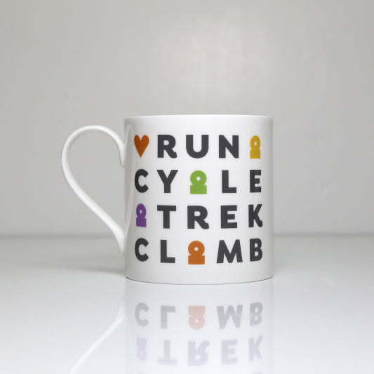 Peak District words mugs  – Run, Cycle, Track, Climb