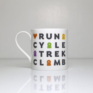 Peak District words mugs  – Run, Cycle, Track, Climb