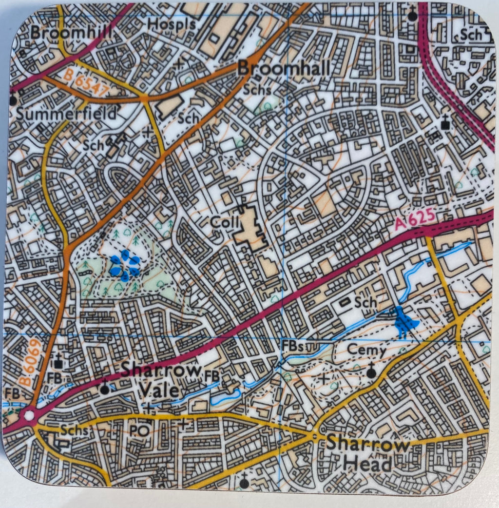 Sheffield Sharrowvale area map set of 4 coasters