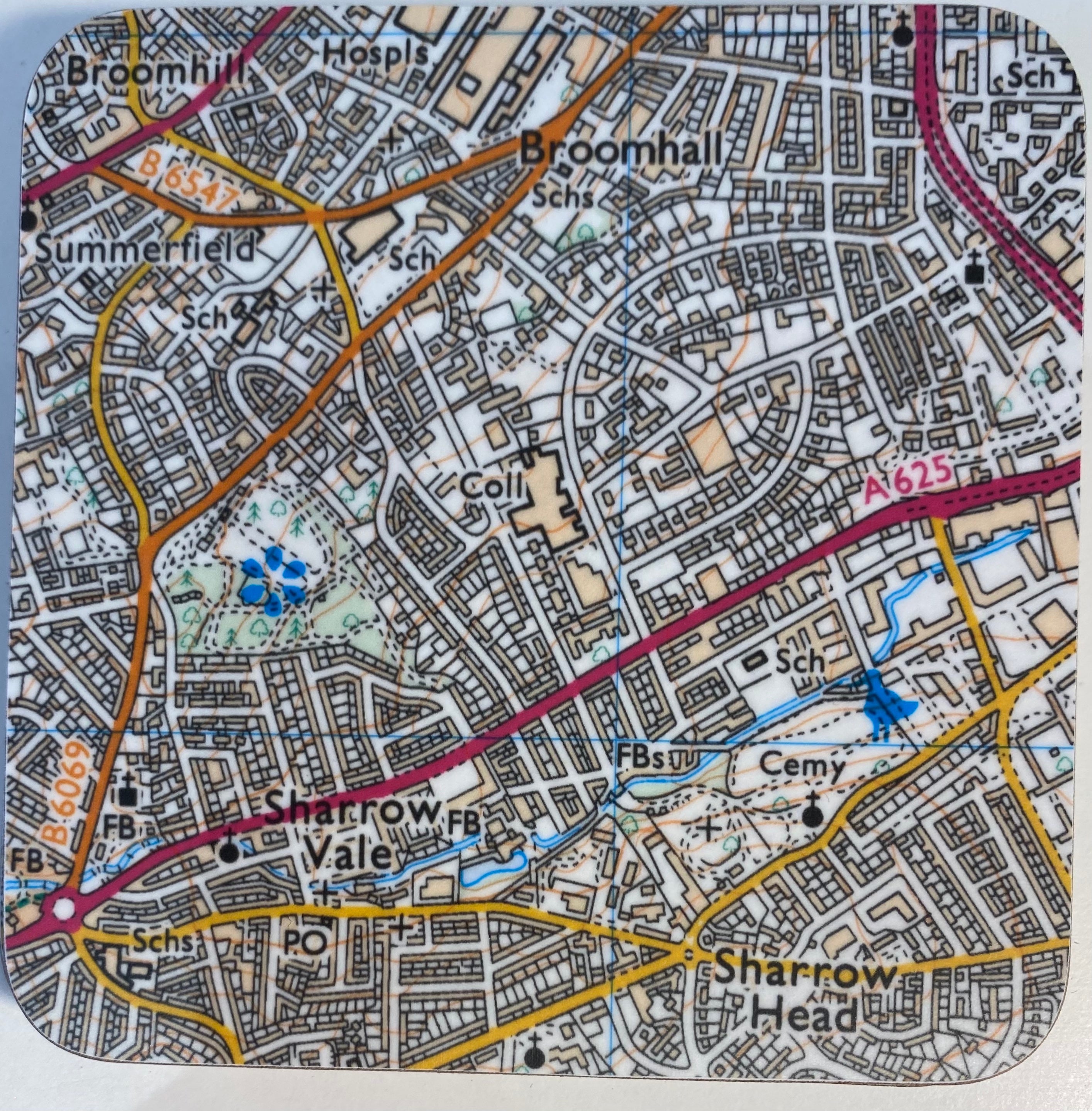 Sheffield Sharrowvale area map set of 4 coasters