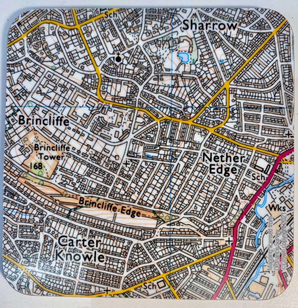 Sheffield Sharrowvale area map set of 4 coasters
