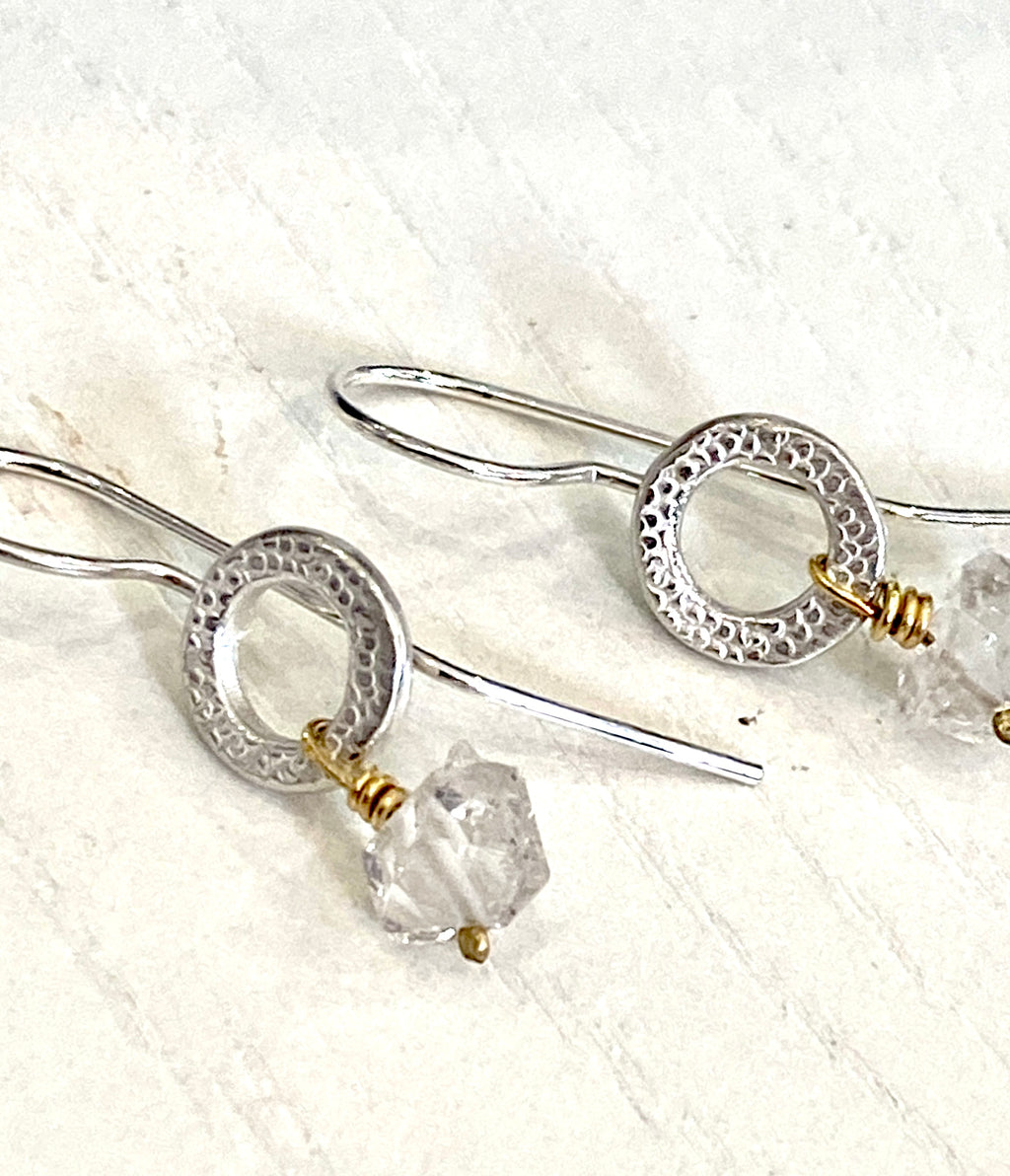 Sterling SILVER and gold earrings with herkimer diamond quarts stone
