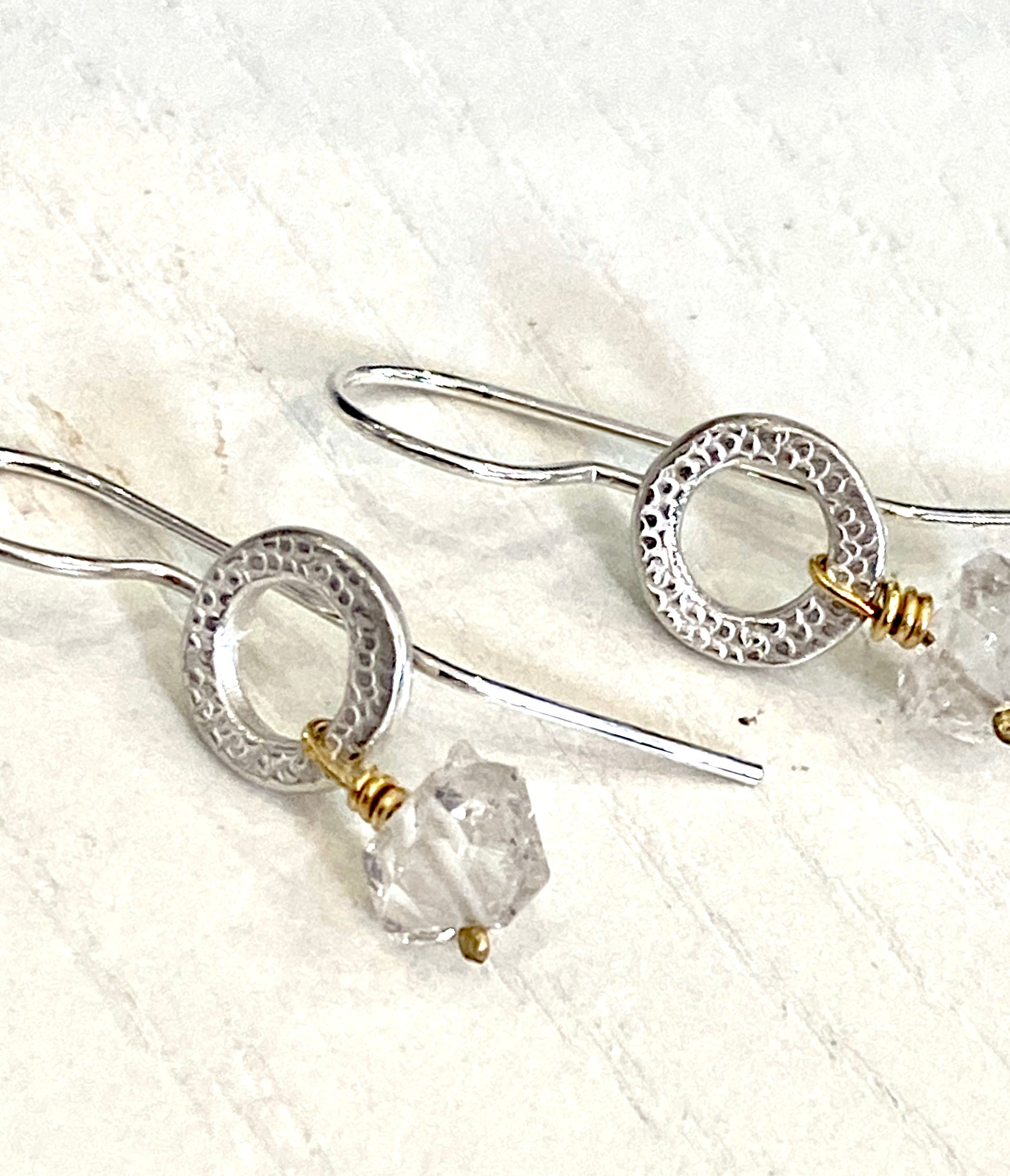 Sterling SILVER and gold earrings with herkimer diamond quarts stone