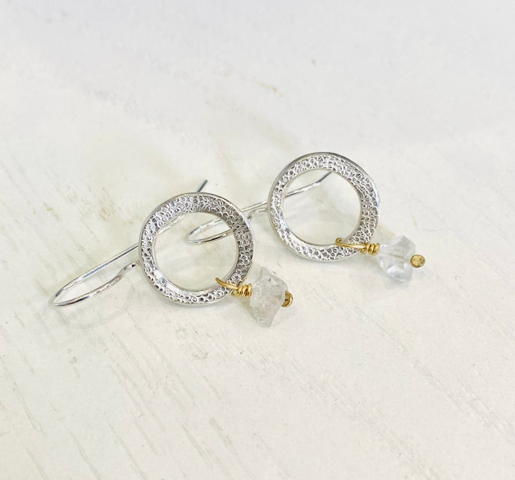 Sterling SILVER and gold earrings with herkimer diamond quarts stone