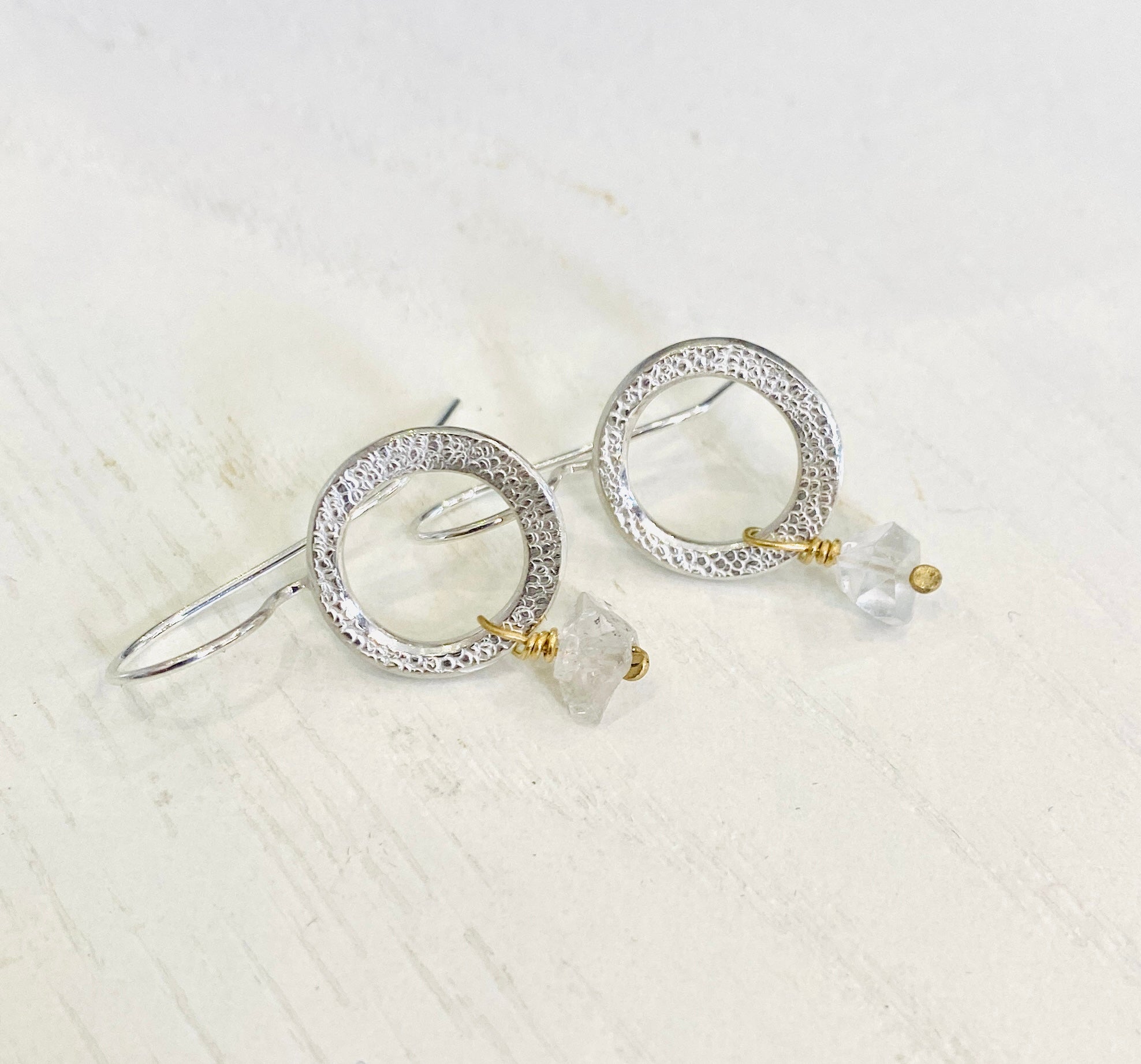 Sterling SILVER and gold earrings with herkimer diamond quarts stone