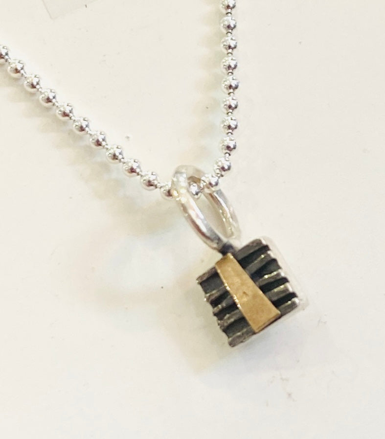 OXIDISED SILVER AND GOLD square necklace (STERLING SILVER CHAIN)