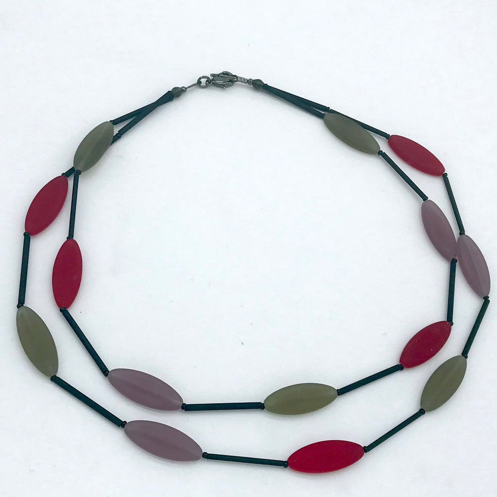 Murano glass Necklace oval beads short red, pink and grey