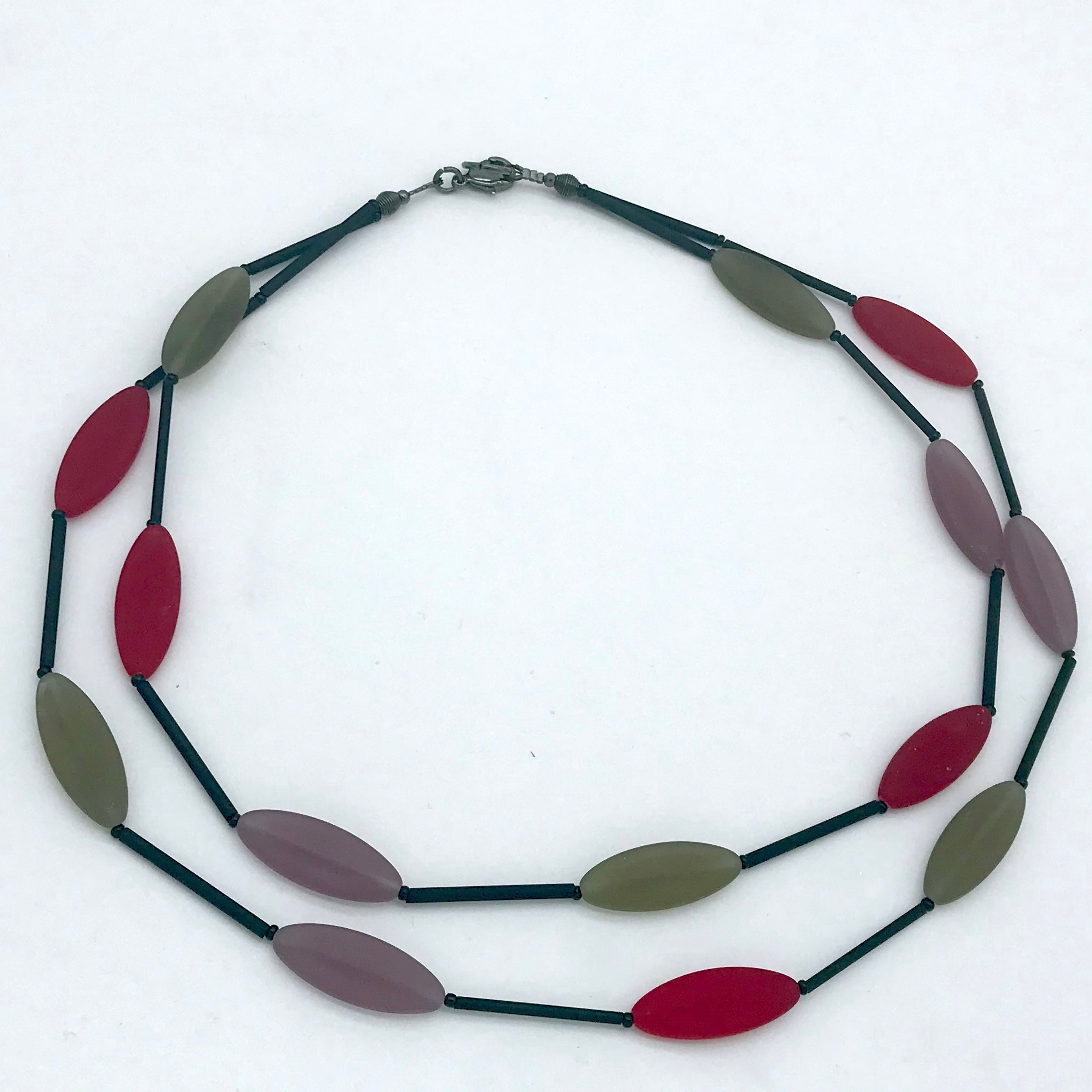 Murano glass Necklace oval beads short red, pink and grey