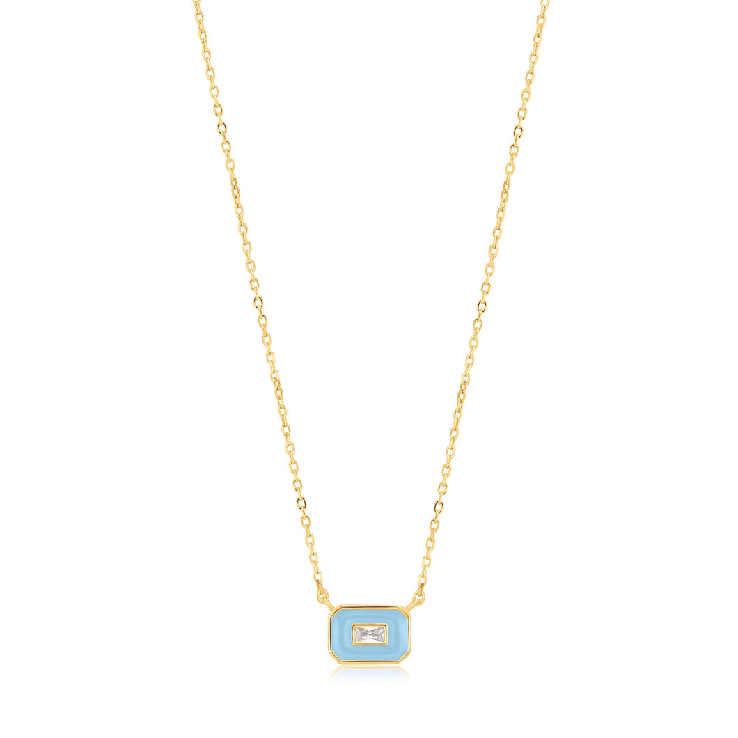 Powder Blue Enamel Emblem Necklace - Gold