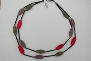 Murano glass Necklace oval beads short red, pink and grey