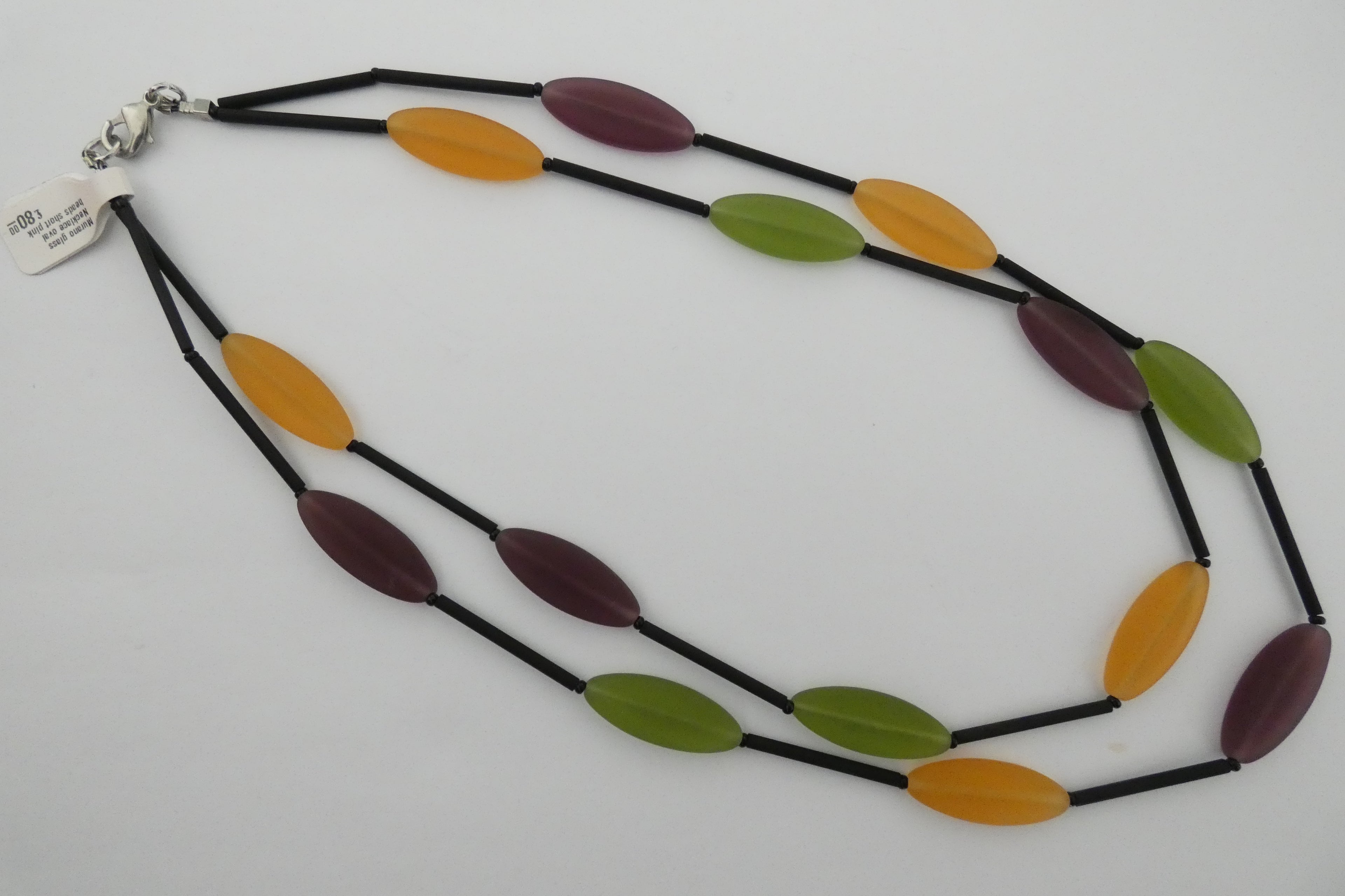 Murano glass Necklace oval beads short pink, green and yellow
