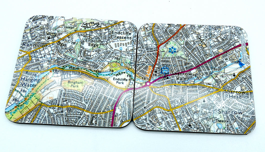 Sheffield map coasters Sharrowvale/botanical gardens set of 2