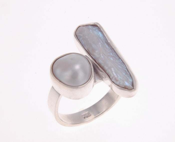White Biwa Pearl & 10mm White Pearl