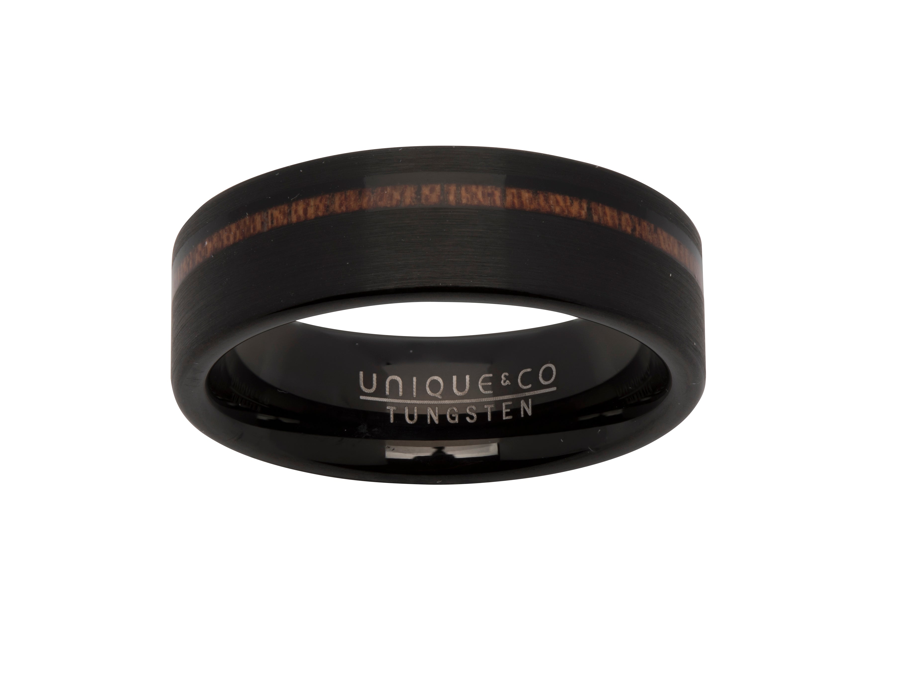 Tungsten Ring with Black Plating and Wood Inlay