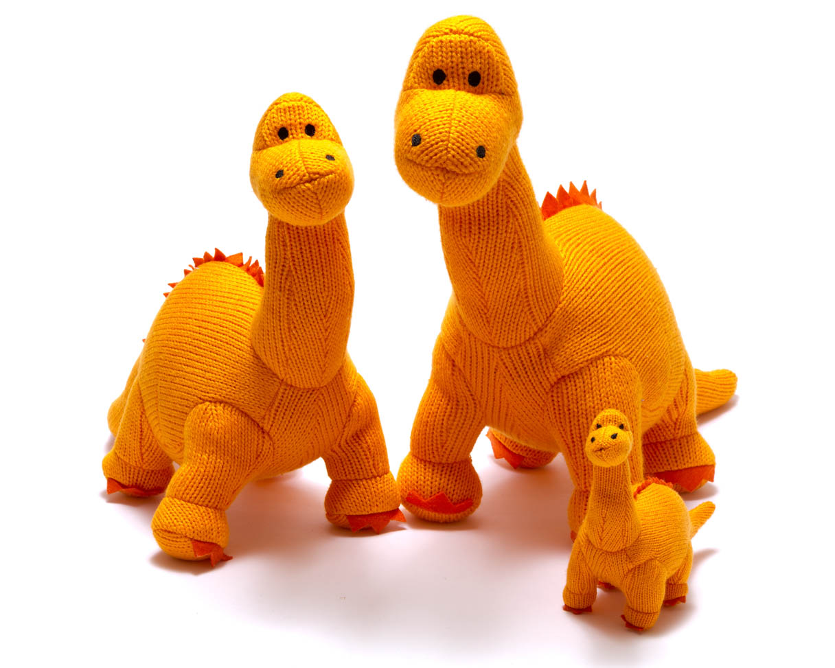 ORANGE DIPLODOCUS, KNITTED DINOSAUR SOFT TOY
