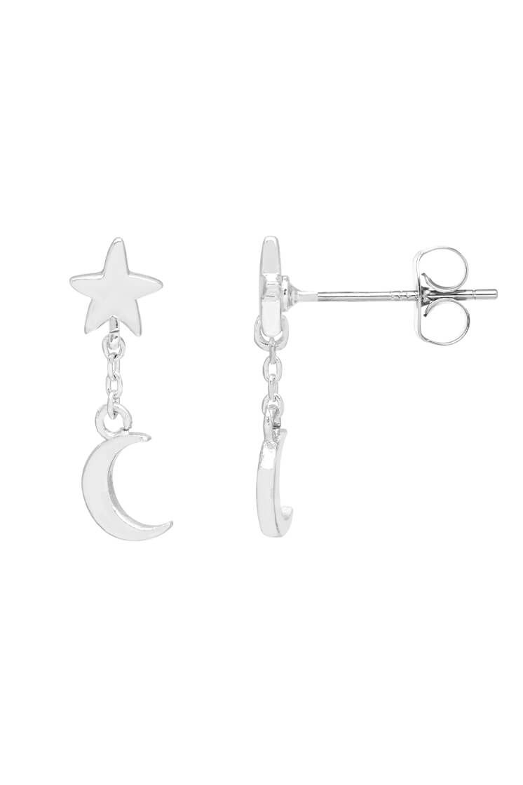 Mini Star and Moon Chain Drop Earrings Silver Plated