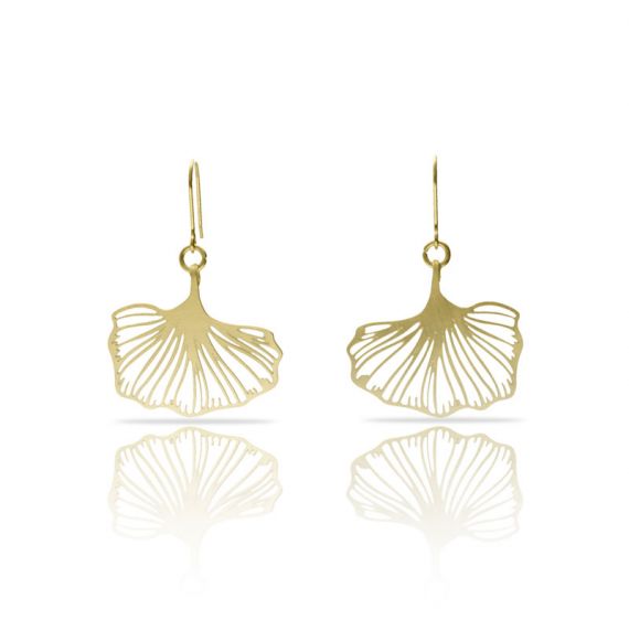 RAS Ginkgo Biloba single leaf gold plated earrings on a white background