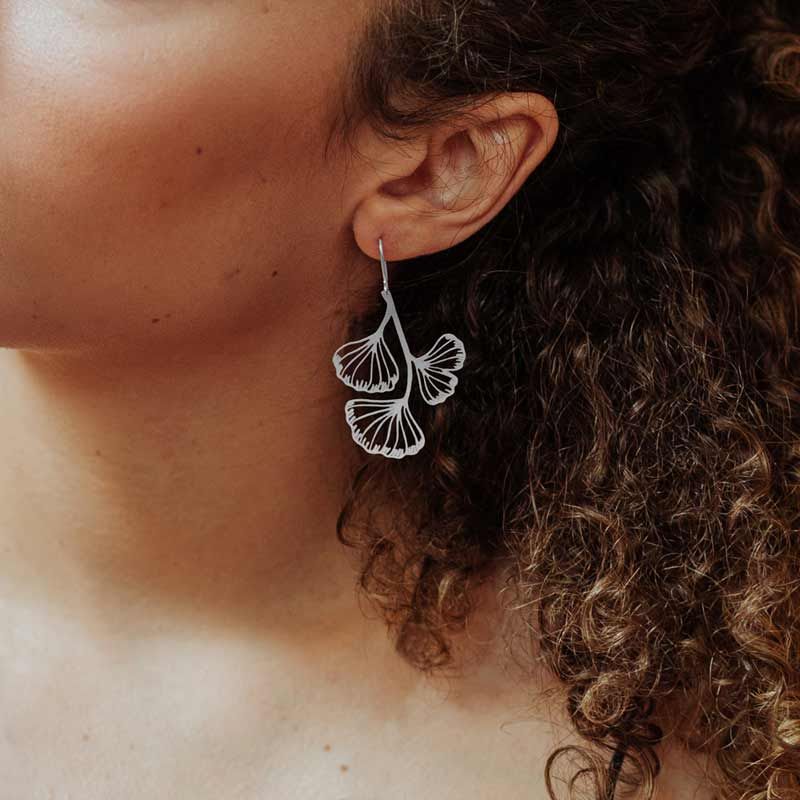GINKGO BILOBA SILVER EARRING- LONG