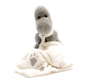 DIPLODOCUS KNITTED GREY DINOSAUR SOFT TOY WITH COMFORT BLANKET