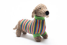 Load image into Gallery viewer, KNITTED SAUSAGE DOG WITH STRIPED JUMPER TOY
