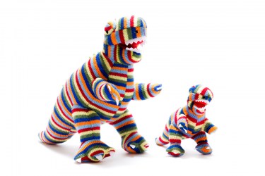T REX KNITTED DINOSAUR SOFT TOY RAINBOW STRIPE