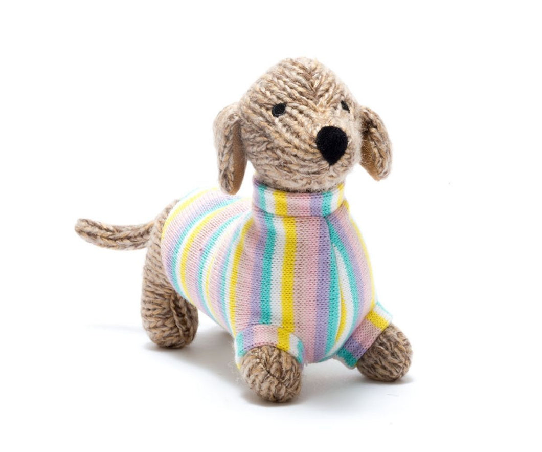 KNITTED SAUSAGE DOG WITH STRIPED JUMPER TOY