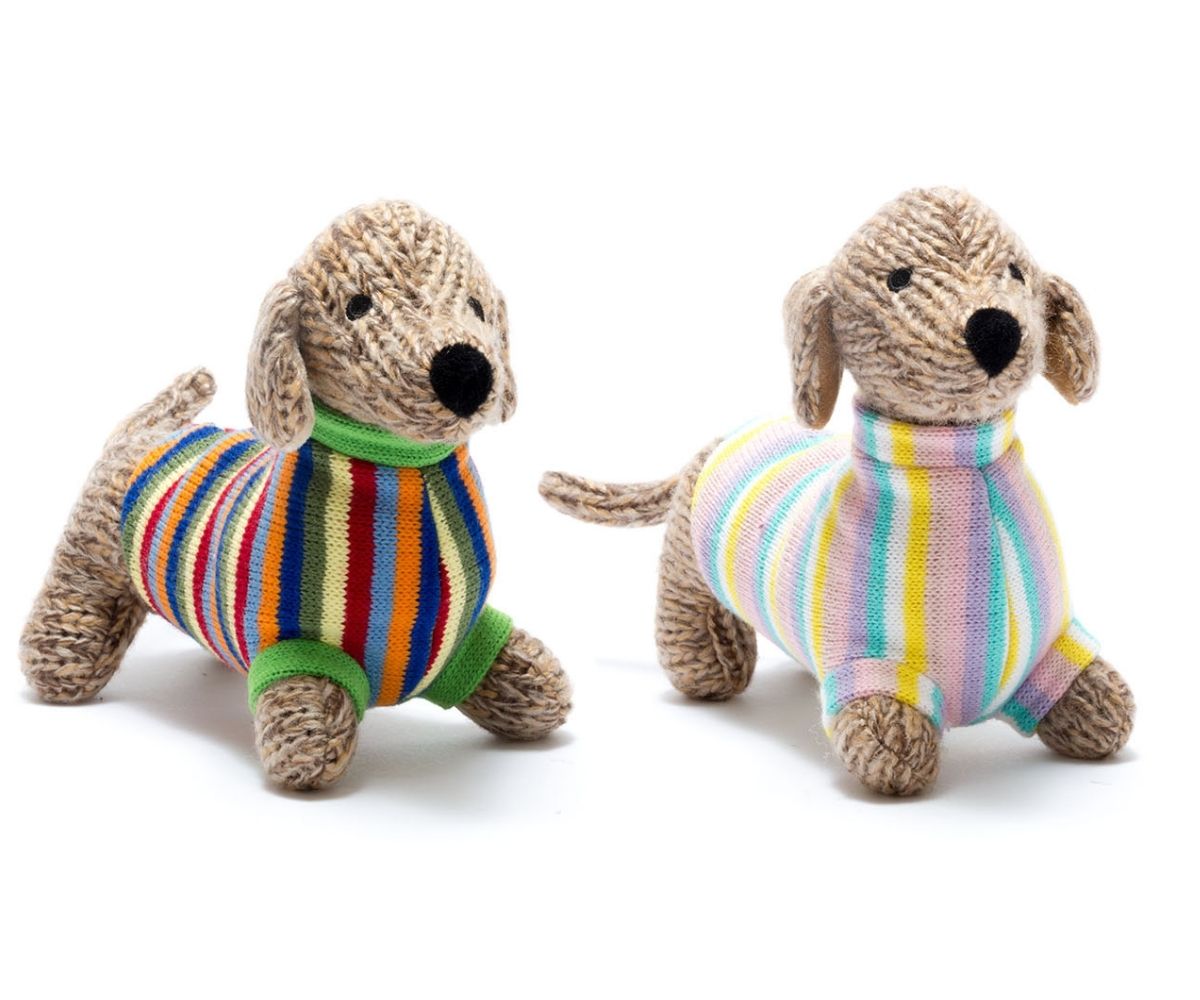 KNITTED SAUSAGE DOG WITH STRIPED JUMPER TOY