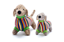 Load image into Gallery viewer, KNITTED SAUSAGE DOG BABY RATTLE - RAINBOW STRIPE
