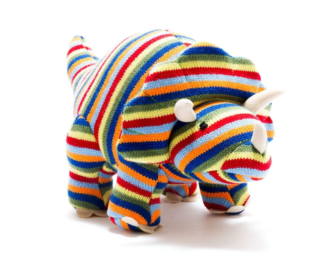 TRICERATOPS KNITTED DINOSAUR SOFT TOY RAINBOW STRIPES